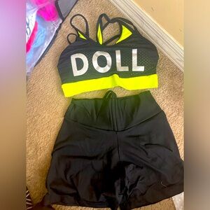 Black gym shorts and neon yellow and black top small